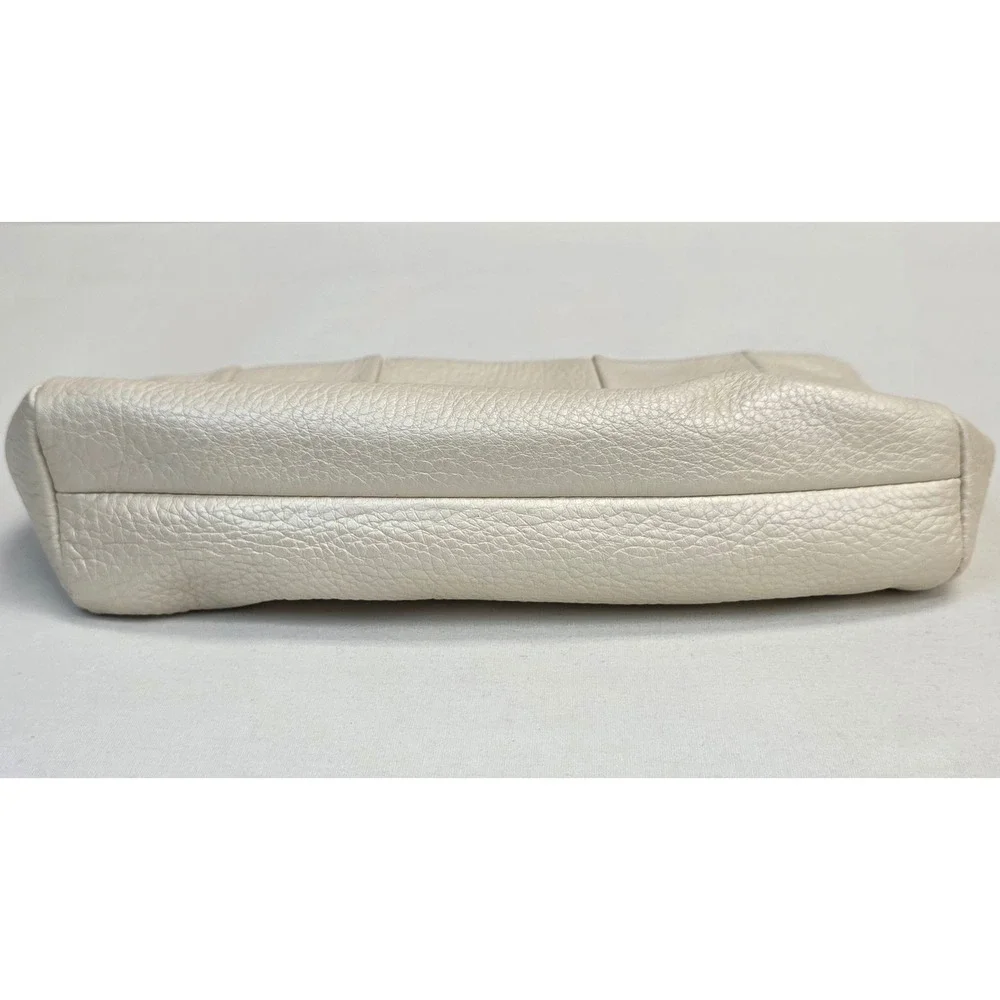 Furla Metallic Cream Pebbled Leather Pearl White Zip Top Clutch Bag